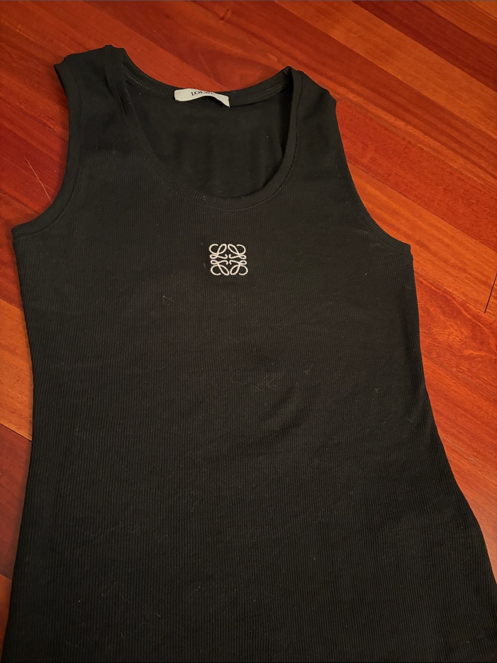 Black Ribbed Tank Top with Center Logo